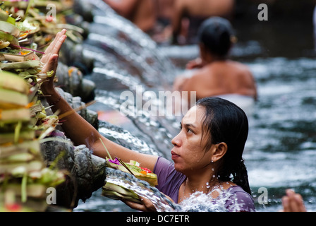 Gläubige machen ein Angebot an den Tirta Empul Tempel auf 6. Mai 2013 in Bali, Indonesien. Stockfoto