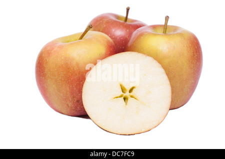 Vier Braeburn Äpfel auf einem weißen Hintergrund Stockfoto