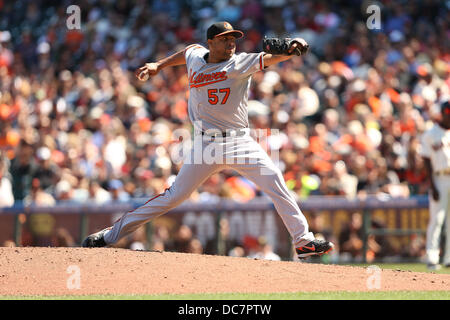 San Francisco, CA, USA. 10. August 2013. 10. August 2013 San Francisco, CA. Baltimore Orioles Pitcher Francisco Rodriguez während der Aktion in einem Hauptliga-Baseball-Spiel gegen die San Francisco Giants im AT & T Park in San Francisco, Kalifornien. Die Giants gewann 3-2.Daniel Gluskoter/CSM/Alamy Live News Stockfoto