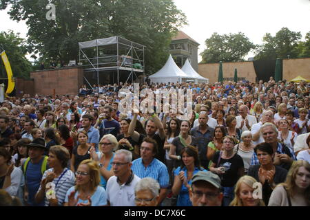 Worms, Deutschland. 11. August 2013. Das Publikum hört Charles Pasi und seine Band an der Jazz und Joy Festival 2013 in Worms. Französische Sänger Charles Pasi live gespielt auf dem Jazz & Joy 2013-Festival in Worms. Unterstützt wurde er von seiner Band und ein Bläser-Sektion. Stockfoto