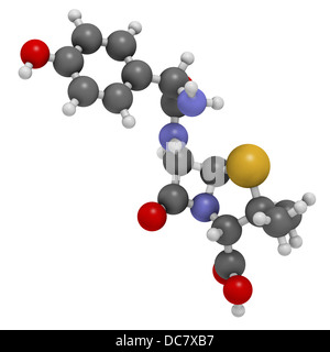 Amoxicillin Beta-Lactam-Antibiotika Medikament, chemische Struktur. Atome werden als Kugeln mit konventionellen Farbkodierung dargestellt. Stockfoto