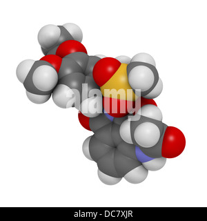 Apremilast investigational Psoriasis Droge, chemische Struktur. Atome werden als Kugeln mit konventionellen Farbkodierung dargestellt. Stockfoto