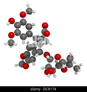 Etoposid Krebs-Chemotherapie-Medikament, chemische Struktur. Atome werden als Kugeln mit konventionellen Farbkodierung dargestellt. Stockfoto