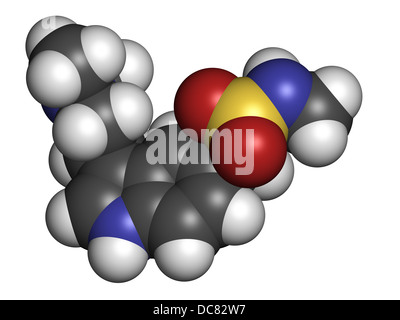 Sumatriptan Migräne Kopfschmerzen Medikamente (Triptane Klasse), chemische Struktur. Atome werden als Kugeln mit herkömmlichen Farbe dargestellt. Stockfoto