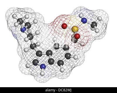 Sumatriptan Migräne Kopfschmerzen Medikamente (Triptane Klasse), chemische Struktur. Atome werden als Kugeln mit herkömmlichen Farbe dargestellt. Stockfoto