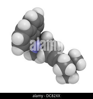Terbinafin pilzbefallverhütende Droge, chemische Struktur. Atome werden als Kugeln mit konventionellen Farbkodierung dargestellt. Stockfoto