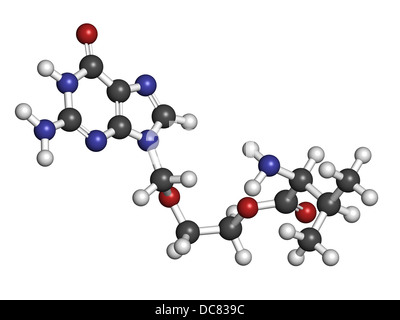 Valaciclovir (Valaciclovir) Herpes-Infektion Droge, chemische Struktur. Atome werden als Kugeln mit herkömmlichen Farbe dargestellt. Stockfoto