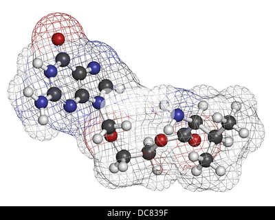 Valaciclovir (Valaciclovir) Herpes-Infektion Droge, chemische Struktur. Atome werden als Kugeln mit herkömmlichen Farbe dargestellt. Stockfoto