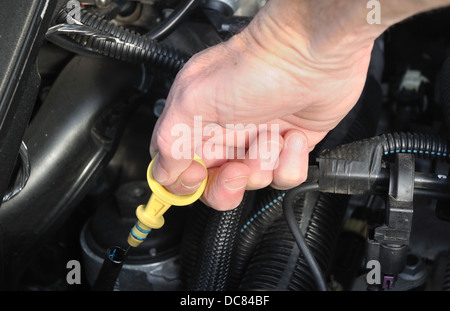 Motoröl in einem Fahrzeug prüfen Stockfoto