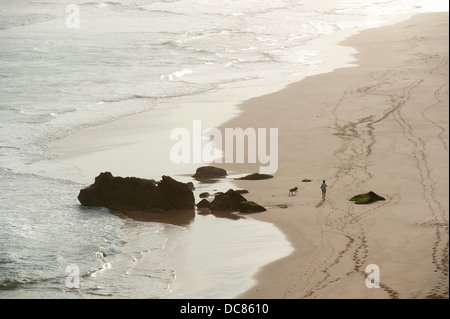 Jogger mit Hund am Strand, Brenton on Sea in der Nähe von Knysna, Westkap, Südafrika Stockfoto