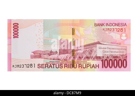 Indonesische hunderttausend Rupien Hinweis auf weißem Hintergrund Stockfoto