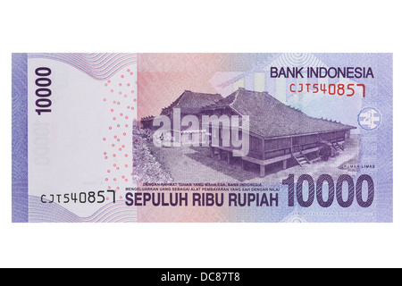 Indonesische Rupiah zehntausend Hinweis auf weißem Hintergrund Stockfoto