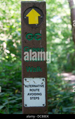 Einen Wegpunkt für den Green Chain Walk in Ravensbourne Woods, Südlondon zeigt eine alternative Route, die Schritte zu vermeiden. Stockfoto