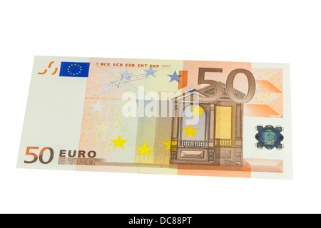 50 Euro-Banknote auf weißem Hintergrund Stockfoto