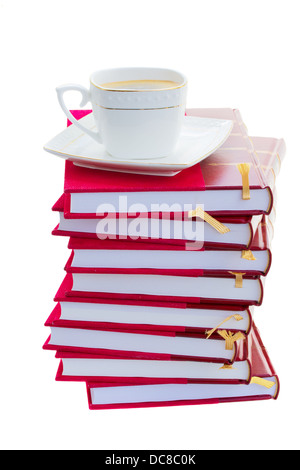 Stapel Bücher mit Tasse Kaffee Stockfoto