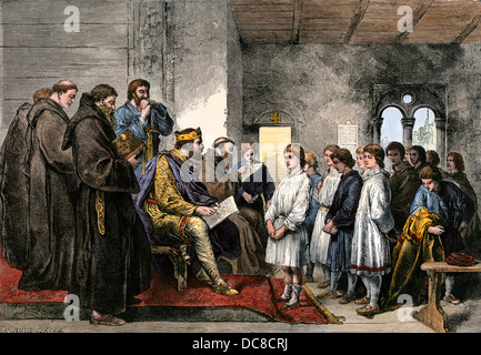 King Alfred Besuch einer Klosterschule, England, 800 s. Hand - farbige Holzschnitt Stockfoto
