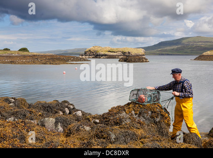 Creel- oder Hummer-Garnelen-Fischer, Seefischen, Creel, Wasser, Netzausrüstung, Hafen, Krabbenfalle, Fang, Kreele in Dunvegan, Isle of Skye, Schottland. VEREINIGTES KÖNIGREICH Stockfoto