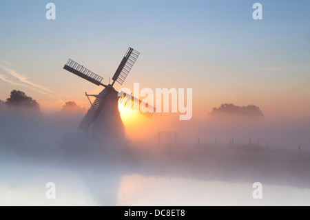 Holländische Windmühle im dichten Nebel bei Sonnenaufgang Stockfoto