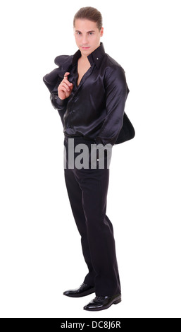 Elegante Full-length junger Mann im schwarzen Anzug und Hemd Derby isoliert auf weißem Hintergrund Stockfoto