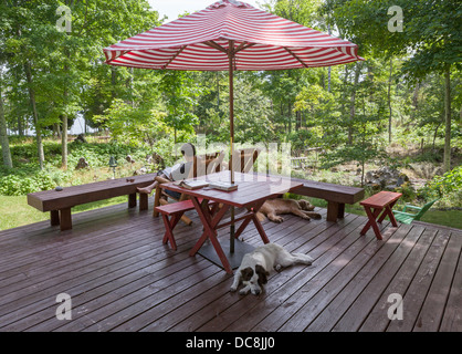 Eine Frau und 2 Hunde entspannen Sie während Ihres Urlaubs auf Washington Island, Wisconsin. Stockfoto