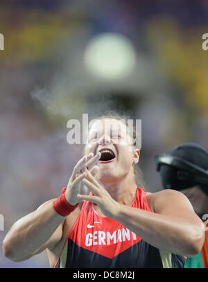 Moskau, Russland. 12. August 2013. Christina Schwanitz Deutschland reagiert im Kugelstoßen der Frauen bei den 14. Weltmeisterschaften in der Leichtathletik im Luzhniki-Stadion in Moskau, Russland, 12. August 2013. Foto: Michael Kappeler/Dpa/Alamy Live News Stockfoto