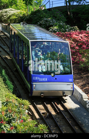 Touristen reiten auf Floibanen Standseilbahn auf steilen Anstieg auf den Berg Floyen in Bergen, Hordaland, Norwegen, Skandinavien Stockfoto