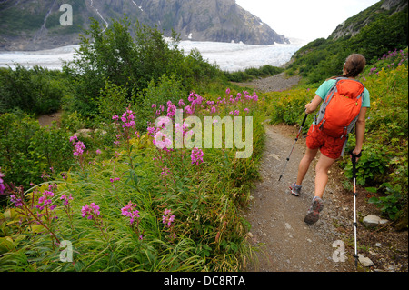 Backpacker Wanderungen Harding Icefield Trail in Kenai Fjords Nationalpark in der Nähe von Seward, Alaska. Stockfoto