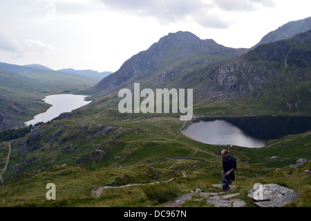 Walker aufsteigend auf Weg zu den Welsh Mountain Y Garn mit Tryfan und die Seen Lyn Ogwen & Llyn Idwal in der Ferne Stockfoto