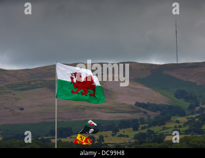 Y Ddraig Goch - Welsh Dragon, nationale Flagge von Wales, fliegt auf die 2013 National Eisteddfod, Denbigh, den Clwydian Hügeln hinter. Stockfoto