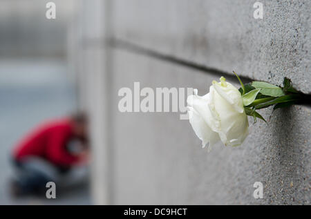 Berlin, Deutschland. 13. August 2013. Eine einzelne weiße rose ragt aus der Wand, die Touristen aus der Schweiz besuchen an der Gedenkstätte Berliner Mauer in Berlin, Deutschland, 13. August 2013. Es gab eine Gedenkfeier und die Verlegung eines Kranzes es am selben Tages zum Gedenken an den Bau der Berliner Mauer und die Opfer der innerdeutschen Grenze. Foto: MAURIZIO GAMBARINI/Dpa/Alamy Live News Stockfoto