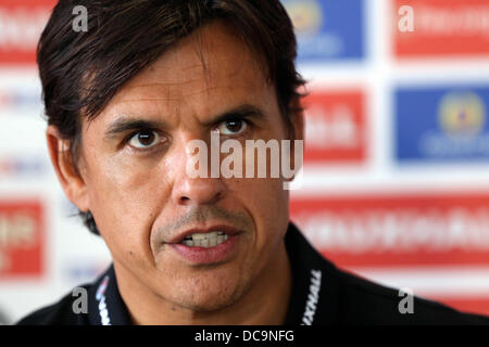 Cardiff, UK, im Bild Dienstag, 13. August 2013: Manager Chris Coleman Re: Football Association of Wales Pressekonferenz vor Wales internationale Freundschaftsspiel gegen Nordirland am St Davids Hotel, Cardiff, Südwales, UK. Bildnachweis: D Legakis/Alamy Live-Nachrichten Stockfoto