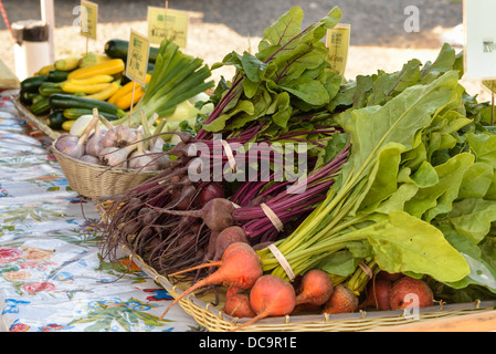 Rübe Grüns. Knoblauch und Squash auf dem Display an einen Kreditor Stand auf der Walllowa County Farmers Market, Oregon. Stockfoto