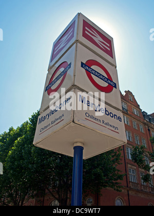 London Underground und National Rail Schilder am Eingang zum Bahnhof Marylebone Stockfoto