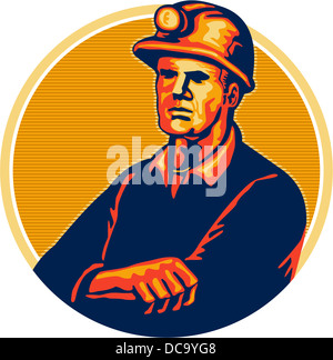 Abbildung eines Bergmanns tragen Bauarbeiterhelm Arme gefaltet vor der vorderen Reihe im inneren Kreis getan im retro-Stil. Stockfoto