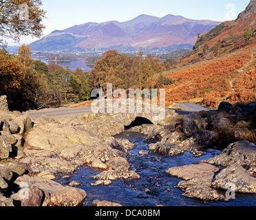 Blick auf Ashness Brücke und Derwent Water, Borrowdale, in der Nähe von Keswick, Seenplatte, Cumbria, England, Vereinigtes Königreich, West-Europa. Stockfoto