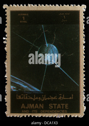 Stempel gedruckt in den Vereinigten Arabischen Emiraten (VAE) zeigt Explorer 17 Reihe Satelliten, ca. 1973 Stockfoto