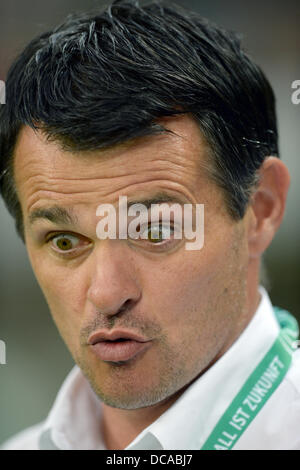 Head Coach Willy Sagnol von Frankreich reagiert während der u-21 internationale Freundschaftsspiel zwischen Deutschland und Frankreich im Mage Solar-Stadion in Freiburg, Deutschland, 13. August 2013. Foto: Patrick Seeger/dpa Stockfoto