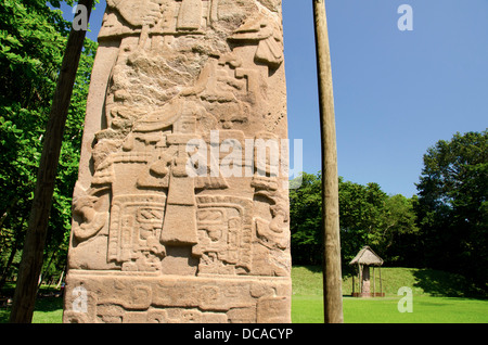 Guatemala, Quirigua Maya Ruinen archäologischen Park (UNESCO). Detail der kunstvoll geschnitzten steinerne Stele. Stockfoto