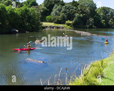 dh KERIKERI FLUSS NEUSEELAND NZ Familie Kajakfahren Junge paddeln Kanu Kajak Kinder Bucht von Inseln Stockfoto