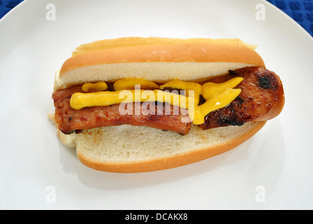 Eine vergoldete Hotdog auf einem Brötchen mit Senf Stockfoto