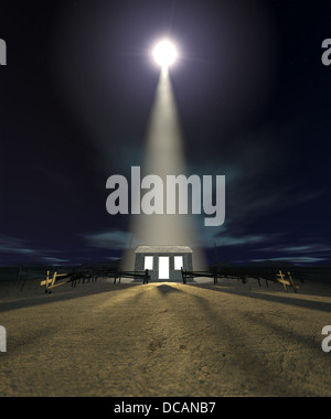 Eine Krippe von Christs Geburt in Bethlehem mit der isolierten heruntergekommen Stall wird von einem hellen Stern auf einem dunkelblauen Himmel beleuchtet Stockfoto