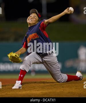 13. August 2013 Stellplätze - Aberdeen, Maryland, USA - Japan Kosuke Morimoto während seiner 12 durchgestrichen Leistung während der Japan gegen Mexiko Spiel an der Cal Ripken World Series in Aberdeen, Maryland am 13. August 2013. Japan besiegt Mexiko 5-0. Morimoto ging die Distanz für die Shutout. (Kredit-Bild: © Scott Serio/Eclipse/ZUMAPRESS.com) Stockfoto