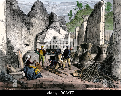 Archäologen entdecken ein Brot Backofen unter den Ruinen von Pompeji, 1880. Hand - farbige Holzschnitt Stockfoto