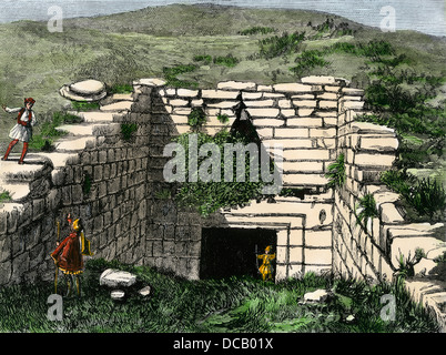 Schliemanns Ausgrabungen der Treasury bei Atreus in Mykene, 1870. Hand - farbige Holzschnitt Stockfoto