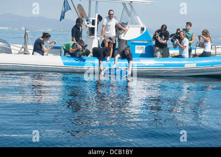 Valencia, Spanien. 14. August 2013. Diese Tiere fanden sich gestrandet auf der Küste von Valencia und deren Behandlung in die Recovery-Bereich ozeanographische Aktion reagiert auf das Protokoll entwickelt, durch das Aquarium zu Beginn der Gestrandete Meerestiere, die betreut werden müssen. Nach der Wiederherstellung, als hatte einige Verletzungen und desorientiert waren, sind in einwandfreiem Zustand zum Meer zurückgegeben werden. Die Übertragung des vierten Streifens ist vertagt, um schwanger zu sein. Bildnachweis: Salva Garrigues/Alamy Live-Nachrichten Stockfoto