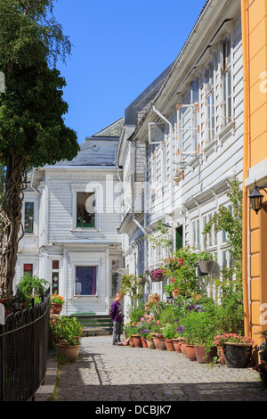 Alte norwegische Häuser und schmale Straße am steilen Hang des Mount Floyen in Bergen, Hordaland, Norwegen, Skandinavien Stockfoto