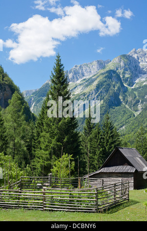 Malerische Aussicht mit eingezäunten Garten, Haus und Bergen im Hinterhof. Slowenischen Alpen. Trenta Tal. Stockfoto