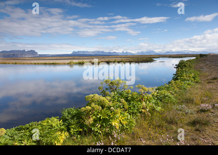 Der Vatnajökull-Eiskappe und Skaftafell-Nationalpark, die von der Skeioararsandur Flood Plain Island gesehen Stockfoto