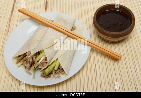 Chinesisch, knusprige Ente, Pfannkuchen, Hoisin-Sauce und Stäbchen auf eine Bambus-Matte Stockfoto
