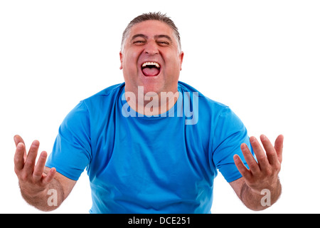 Ein Mann Lachen hysterisch etwas komisch mit einem lustigen Ausdruck auf seinem Gesicht. Stockfoto